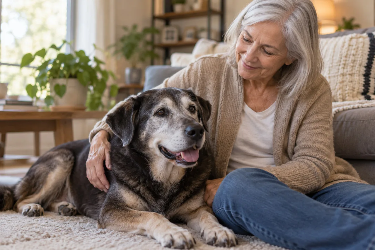 Owner sitting on a sofa beside a resting gray dog